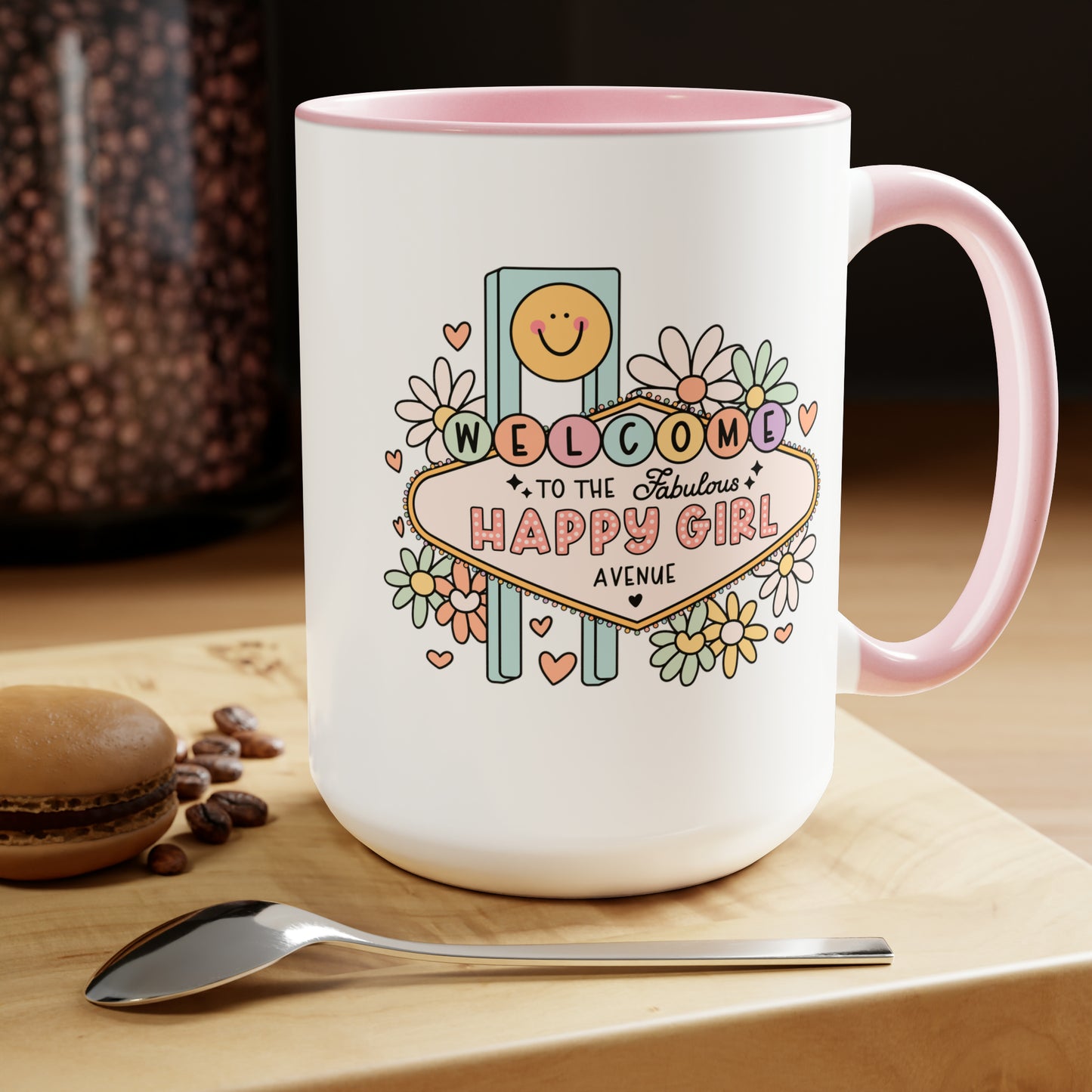 Happy Girl Two-Tone Coffee Mugs, 15oz