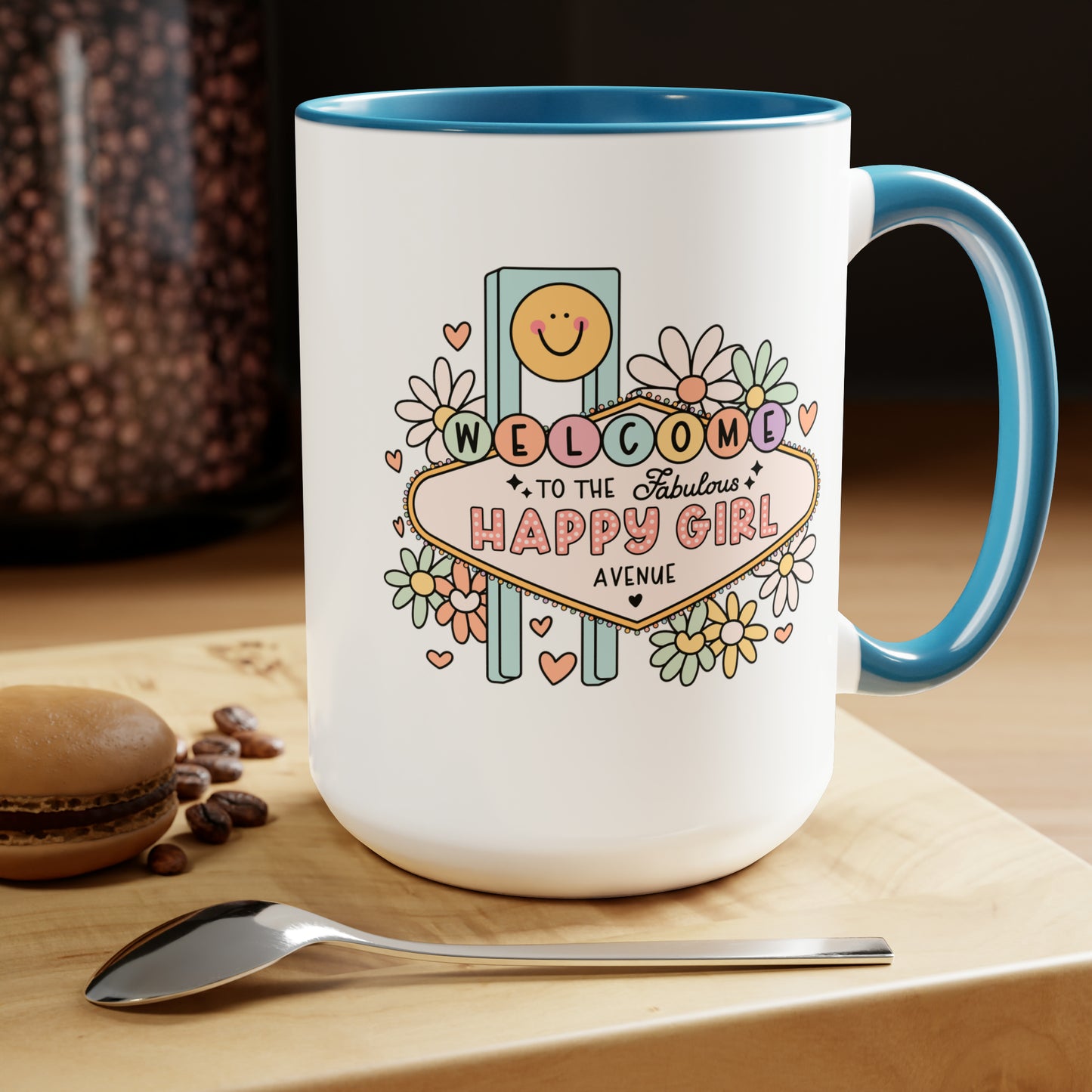 Happy Girl Two-Tone Coffee Mugs, 15oz