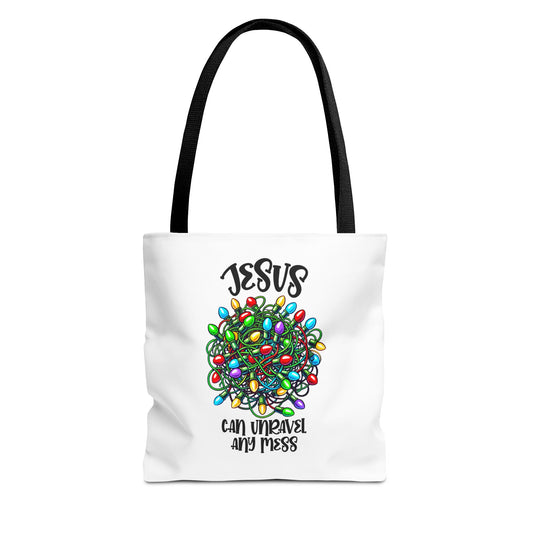 Jesus Can Unravel Any Mess Tote Bag (AOP)